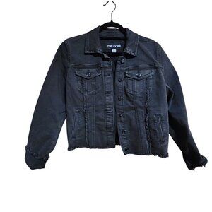 Maurices Womens Black Denim Jacket With Frayed Hem & Button Closure Size S